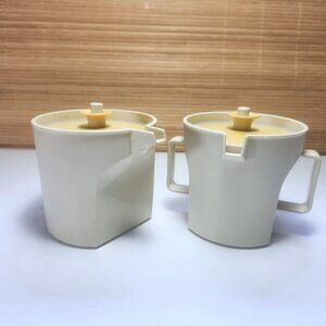 Tupperware Creamer Sugar Bowl Set Matching Almond Harvest Gold Push Button Lids